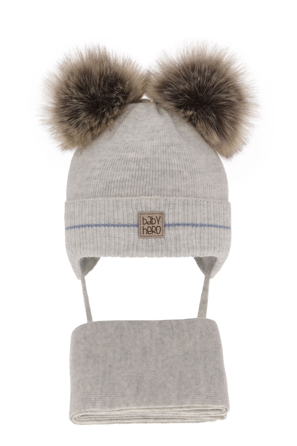Ensemble d'hiver garçon: bonnet et écharpe, gris clair, avec deux pompons, avec liens, Melon