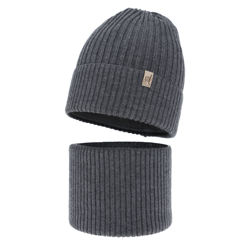 Ensemble d'hiver fille: bonnet et snood, gris foncé, avec laine mérinos, Patricia