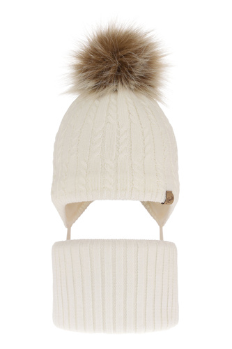 Ensemble d'hiver fille: bonnet et snood, crème, avec pompon, avec liens, Loreley