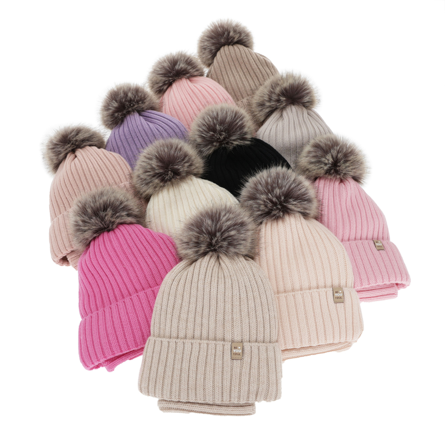 Meisjes winter set (muts en buissjaal), roze, 100% Merino Wol, gevoerd met katoen, met pompon, Terida