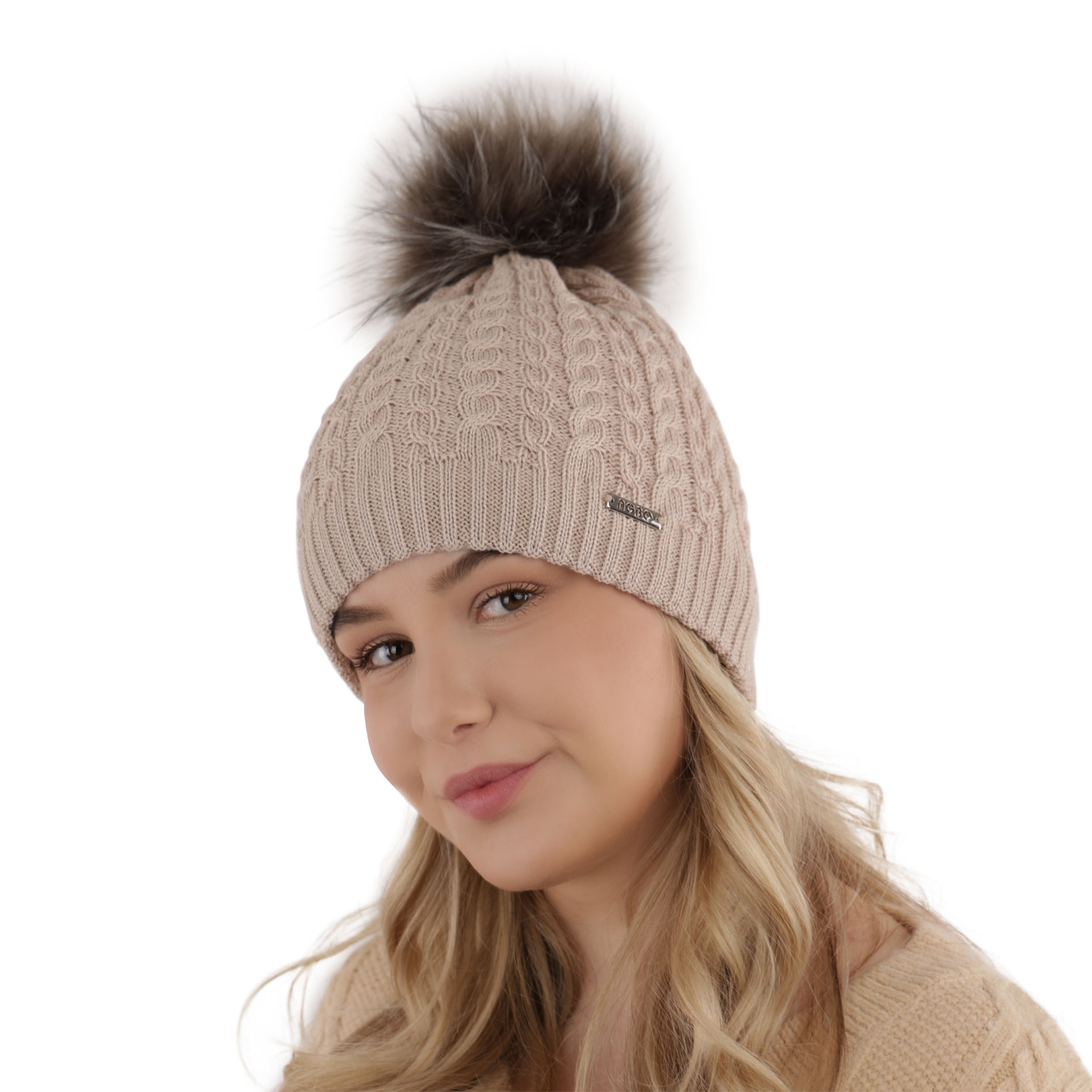 Dames wintermuts, grijs, met garen pompon, 100% Merino Wol, Satina
