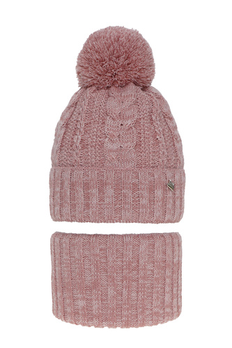 Meisjes winter set muts en buissjaal, roze, met garen pompon, Maroko