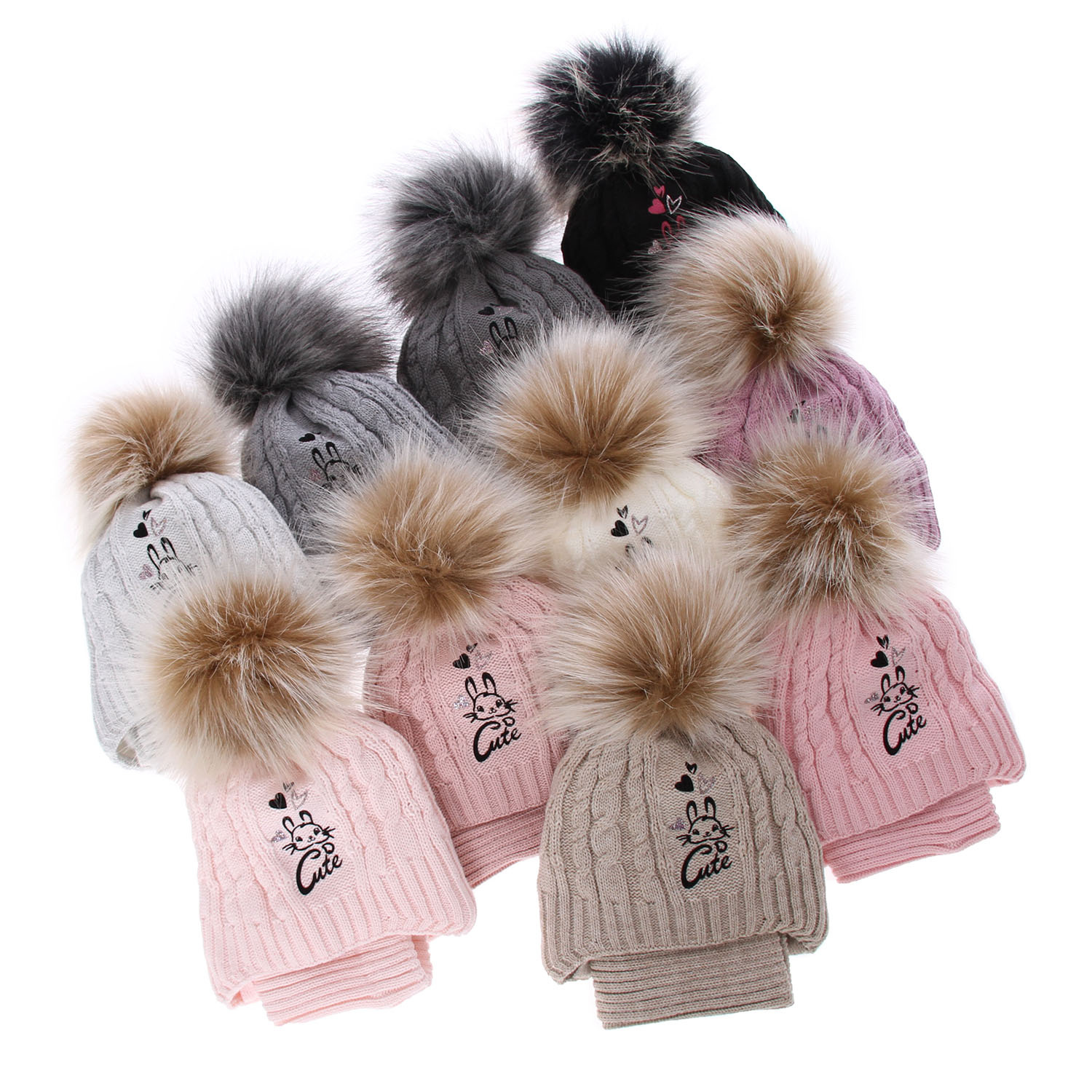 Meisjes winter set muts en buissjaal, grijs, met garen pompon, Treccia