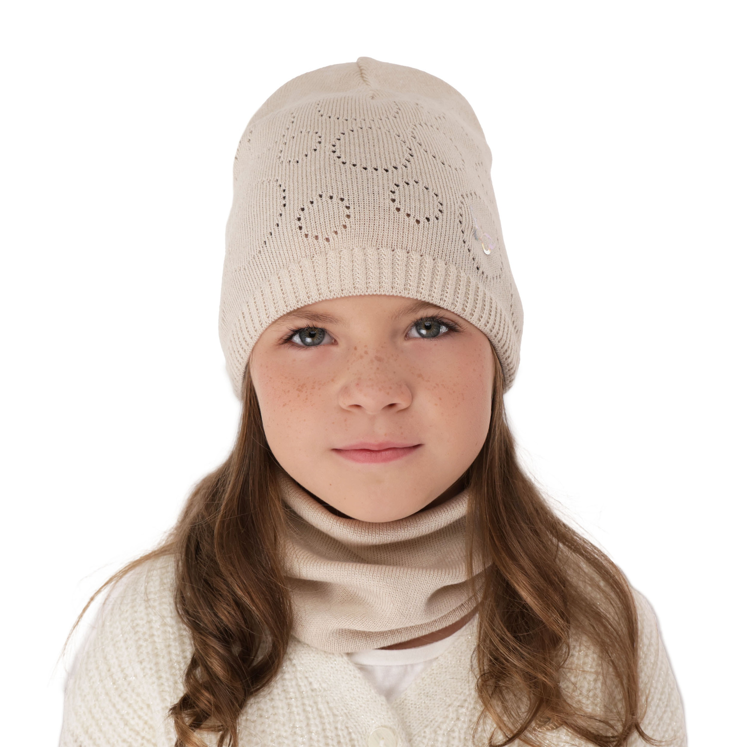 Ensemble automne/printemps fille: bonnet et snood, met katoen, rose, ajouré, Amarilla