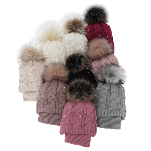 Ensemble d'hiver fille: bonnet et écharpe, crème, avec pompon, Mirella