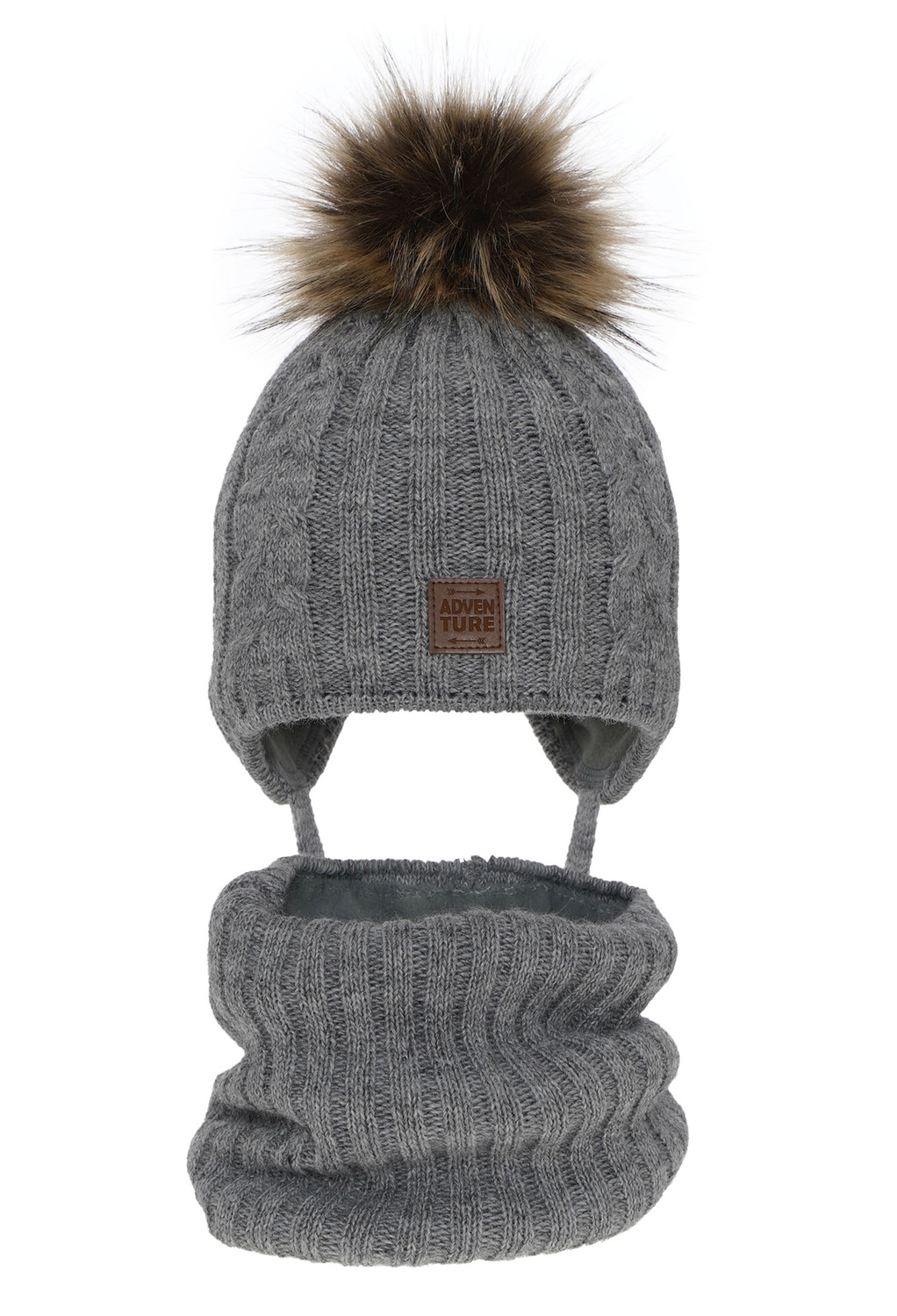 Jongens winter set muts en sjaal, grijs, met garen pompon, met bindkoorden, Casper