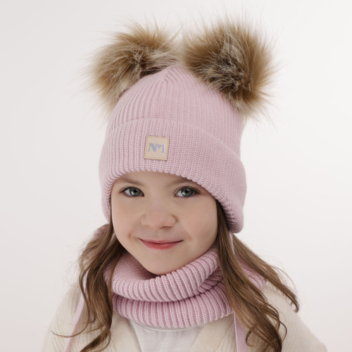 Ensemble d'hiver fille: bonnet et snood, gris, avec deux pompons, avec liens, Kiara