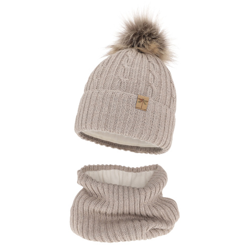 Ensemble d'hiver fille: bonnet et snood, beige, avec pompon, avec laine mérinos, Aprilia