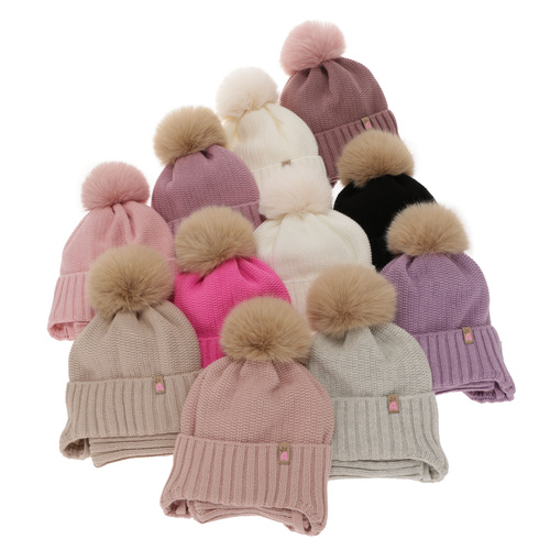 Ensemble d'hiver fille: bonnet et snood, beige, avec pompon, Kaya