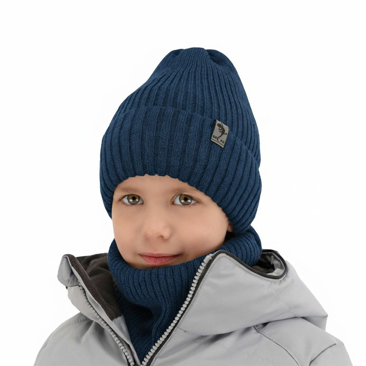 Ensemble d'hiver garçon: bonnet et snood, bleu, avec laine mérinos, Gecko