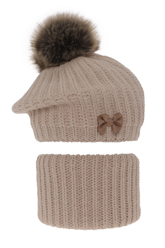 Ensemble d'hiver fille: beret et snood, beige, avec pompon, Polinezja