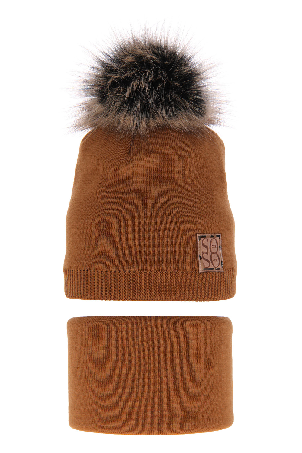 Meisjes winter set muts en buissjaal, camel, met garen pompon, Apolinka