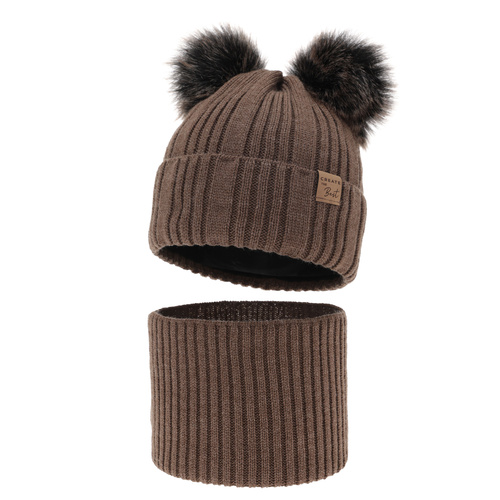 Ensemble d'hiver garçon: bonnet et snood, brun, avec deux pompons, Bilard
