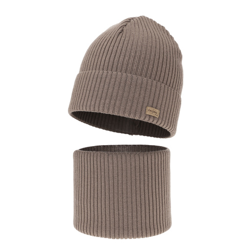 Jongens herfst/lente set: muts en buissjaal, donkerbeige, 100% merino wol, Intro