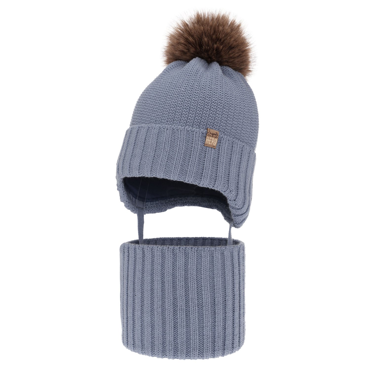 Ensemble d'hiver garçon: bonnet et snood, bleu clair, avec pompon, avec liens, Kayen