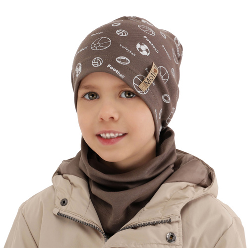 Ensemble automne/printemps garçon: bonnet et snood, gris, en coton, Paolo