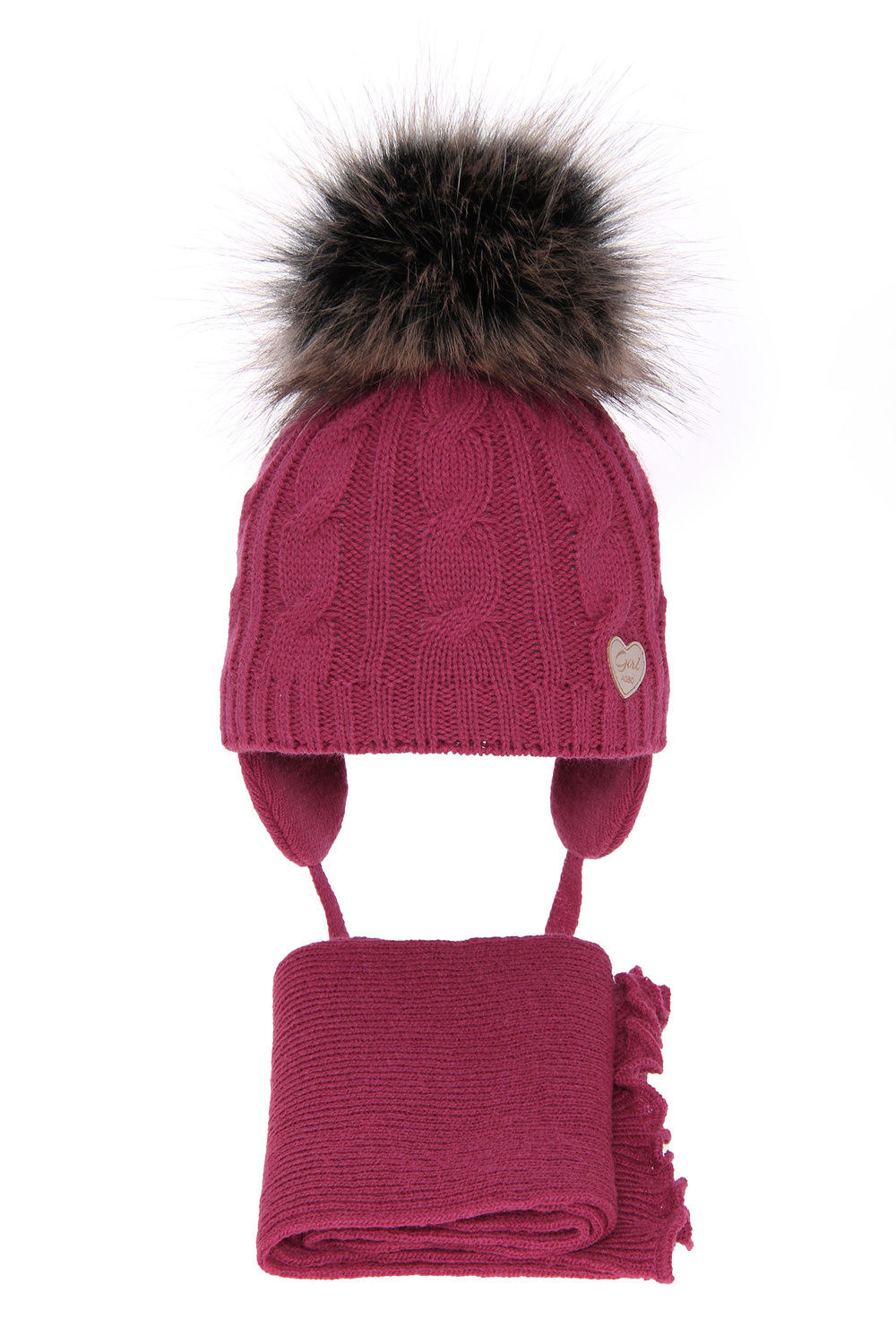Meisjes winter set muts en sjaal, roze, met garen pompon, Morena