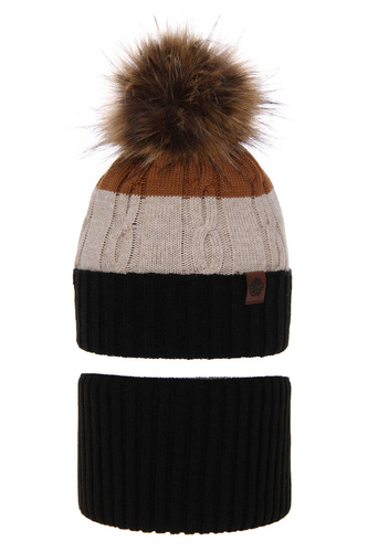 Jongens winter set muts en buissjaal, zwart, met garen pompon, Karmel
