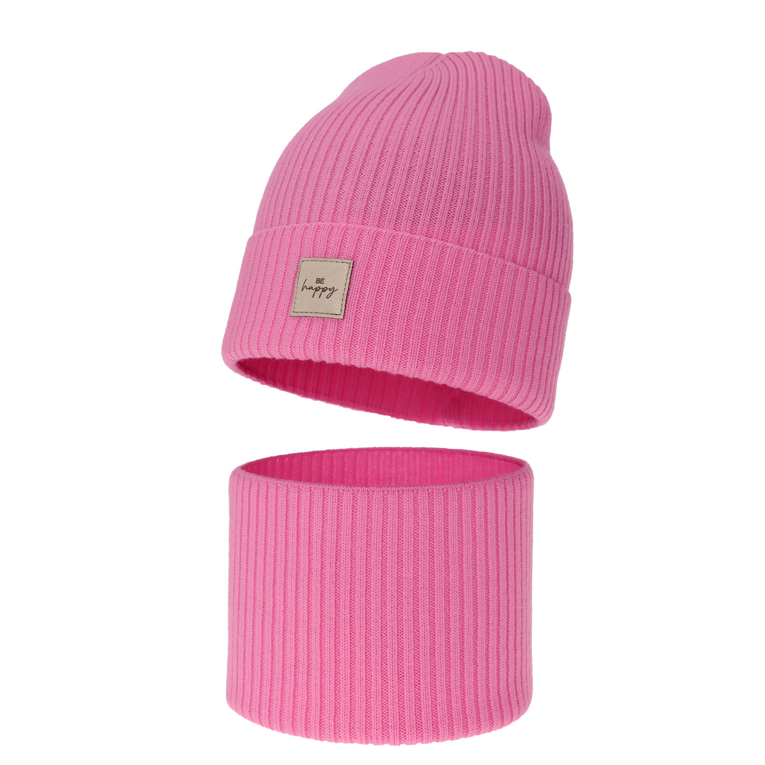 Ensemble automne/printemps fille: bonnet et snood, rose, avec laine mérinos, Vanita