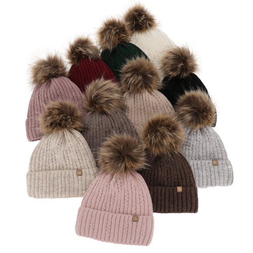 Bonnet d'hiver femme, bordo, avec pompon, Savona