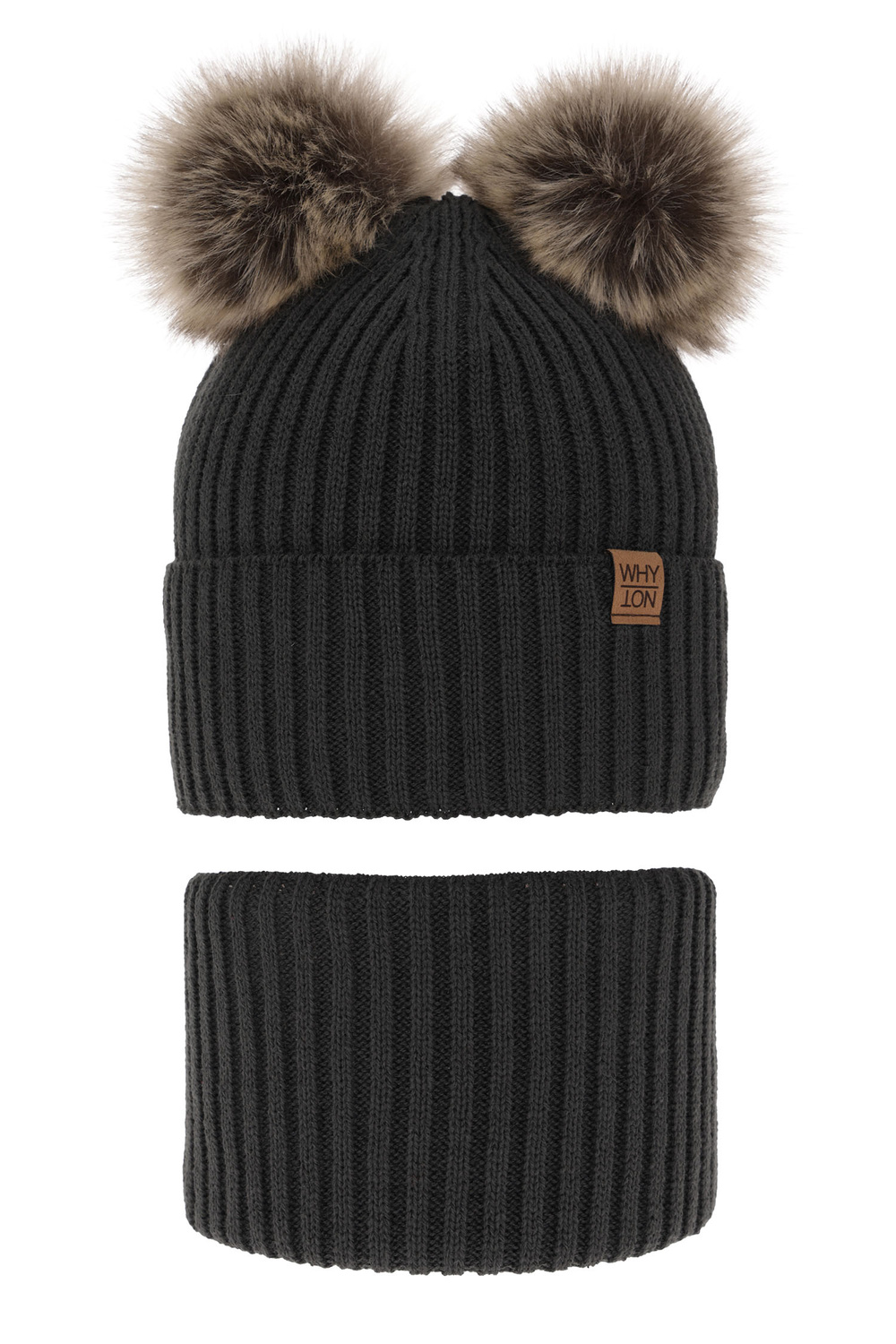 Ensemble d'hiver garçon: bonnet et snood, gris, avec deux pompons, avec liens, Oxford