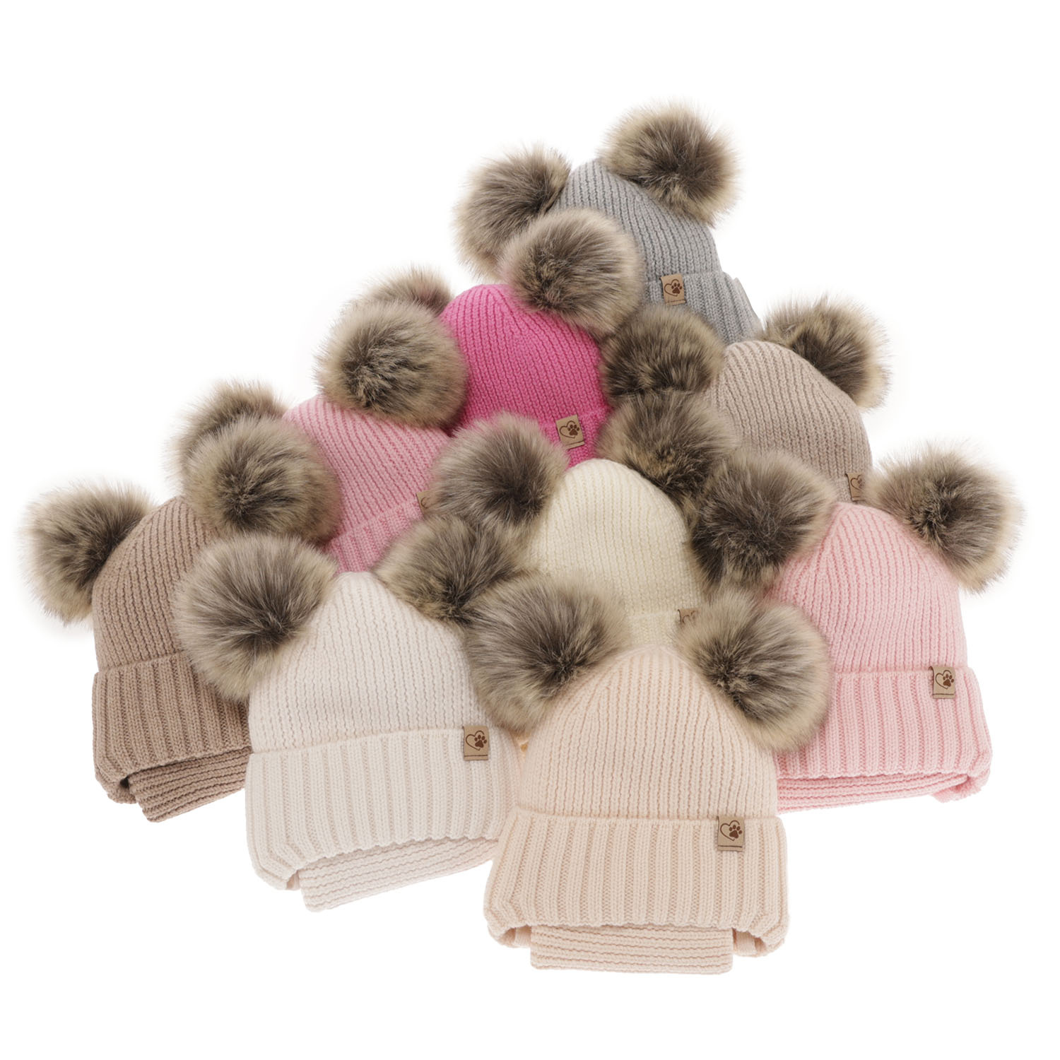 Ensemble d'hiver fille: bonnet et snood, rose, avec deux pompons, 100% Laine Mérinos, Silvia