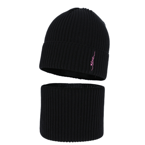 Meisjes herfst/lente set: muts en buissjaal, met katoen, zwart, Elvara