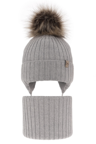 Ensemble d'hiver fille: bonnet et snood, gris, avec laine mérinos, avec liens, Junika