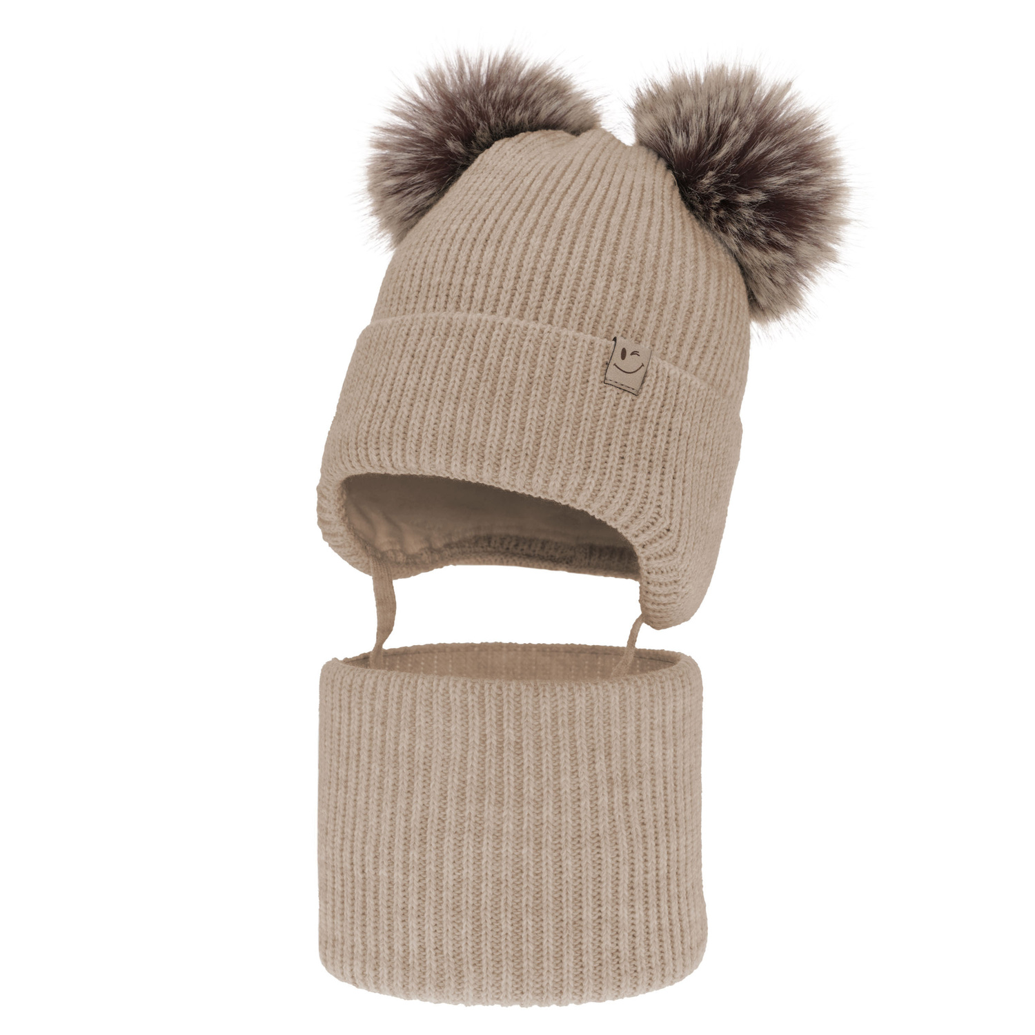 Ensemble d'hiver fille: bonnet et snood, beige, avec deux pompons, avec liens, Zori