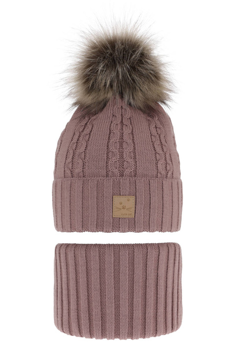 Ensemble d'hiver fille: bonnet et snood, violet, avec pompon, Alexia