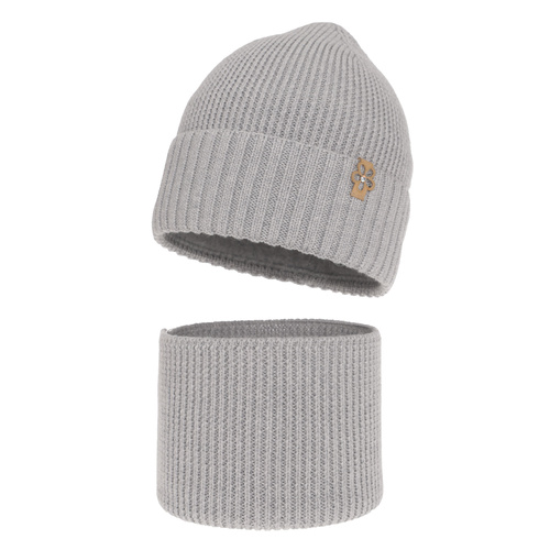 Ensemble d'hiver fille: bonnet et snood, gris, avec laine mérinos, Nelita