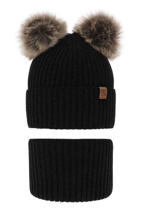 Ensemble d'hiver garçon: bonnet et snood, noir, avec deux pompons, Oxford