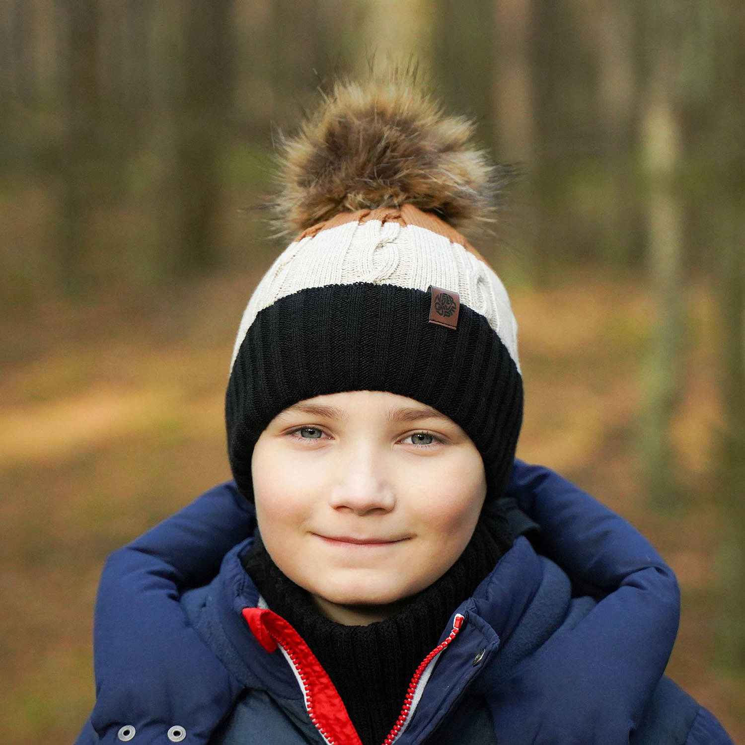 Jongens winter set muts en buissjaal, grijs, met garen pompon, Karmel