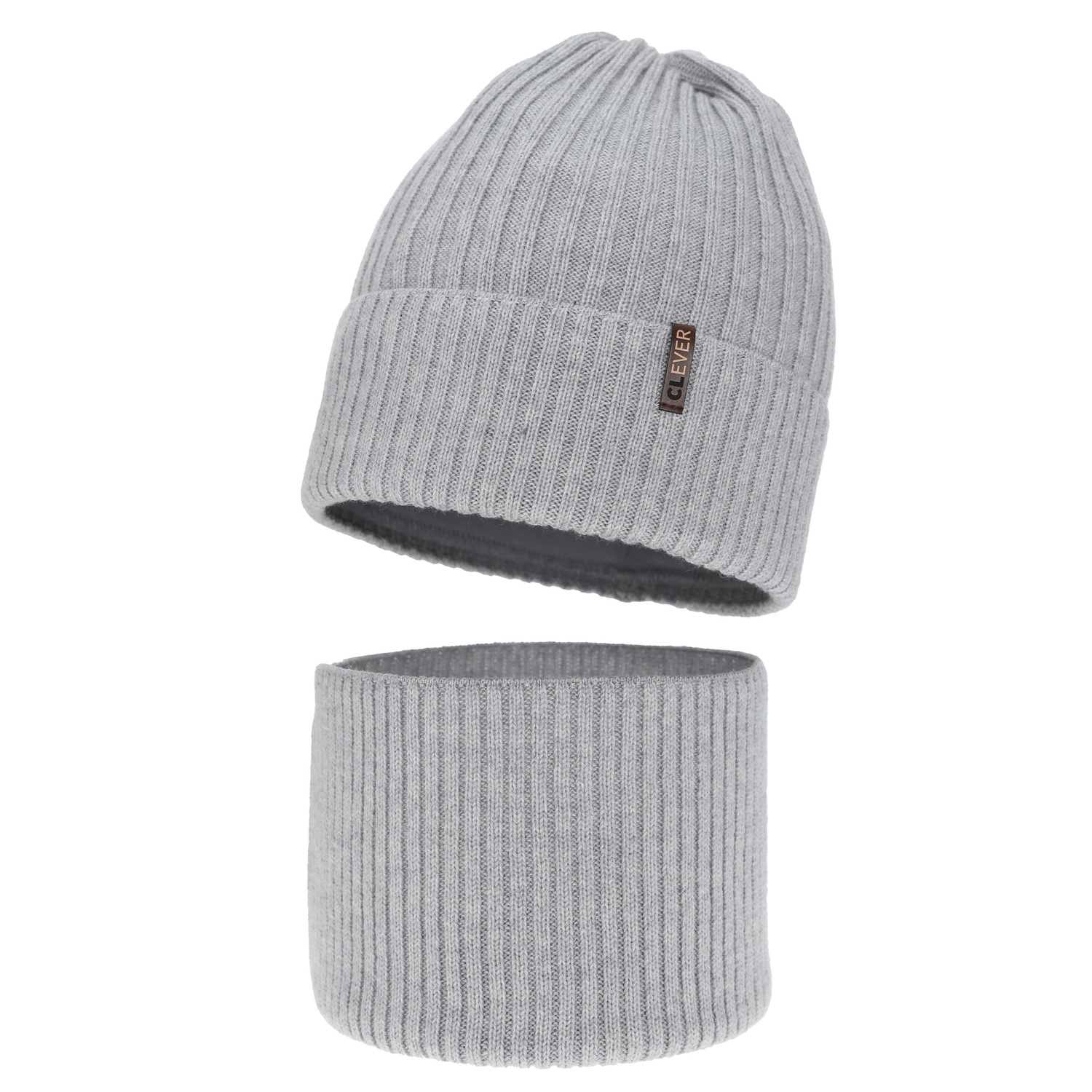Ensemble d'hiver garçon: bonnet et snood, gris clair, avec laine mérinos, Gizmo
