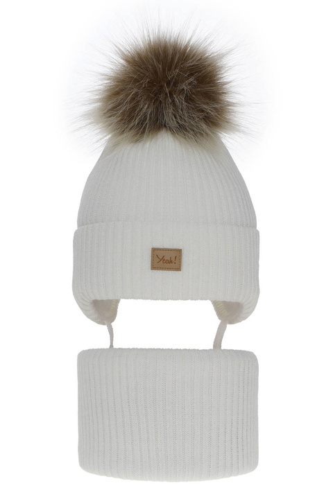 Meisjes winter set muts en buissjaal, wit, met garen pompon, Dilajla