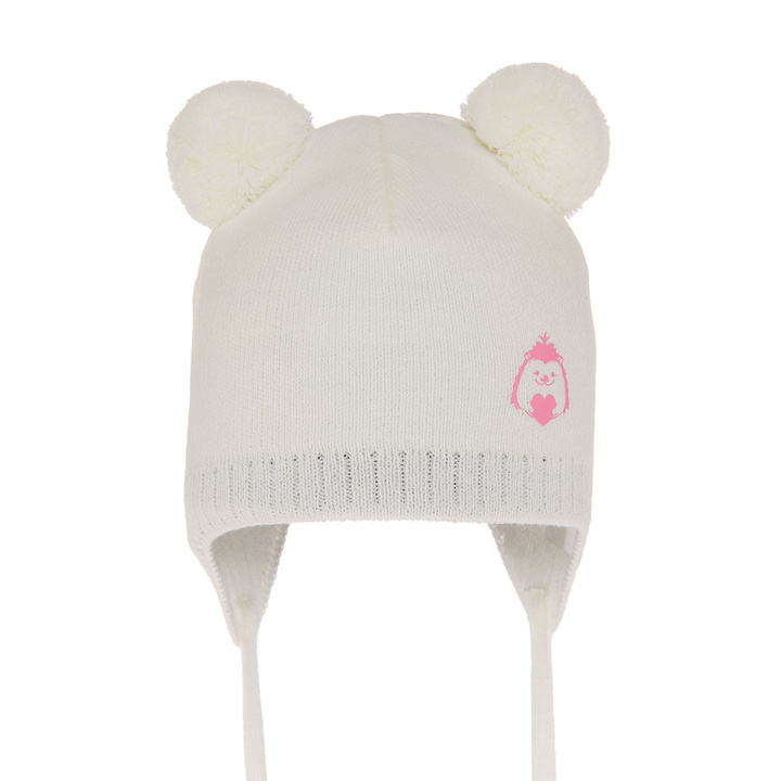 Bonnet automne/printemps fille, crème, avec deux pompons, avec liens, Bunia