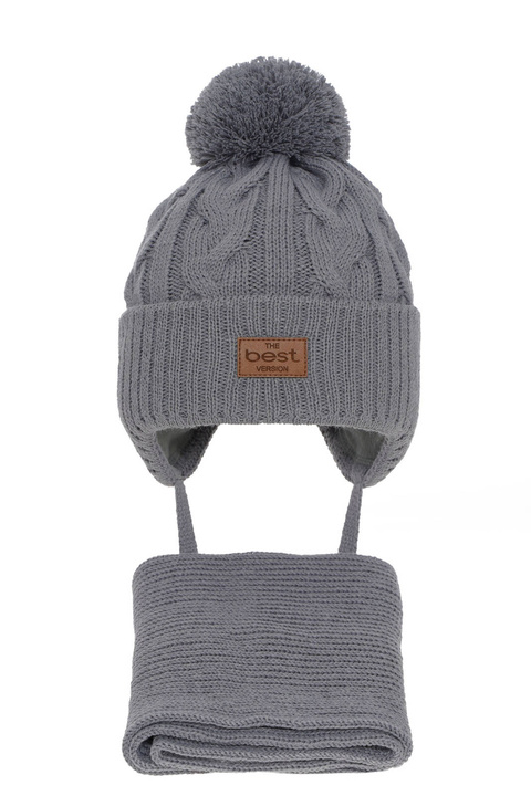 Jongens winter set muts en sjaal, grijs, met garen pompon, Remix