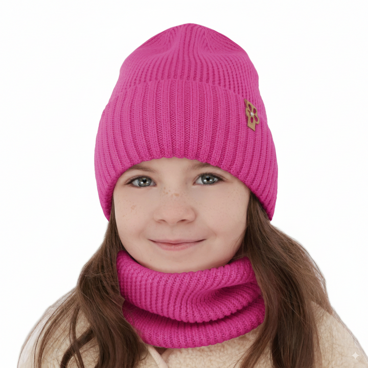 Ensemble d'hiver fille: bonnet et snood, rose, avec laine mérinos, Nelita