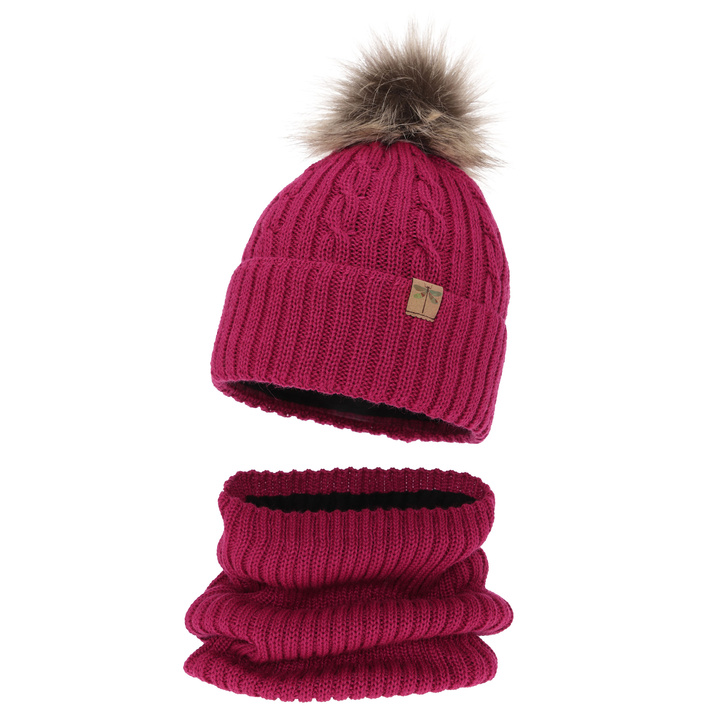Ensemble d'hiver fille: bonnet et snood, amarante, avec pompon, avec laine mérinos, Aprilia