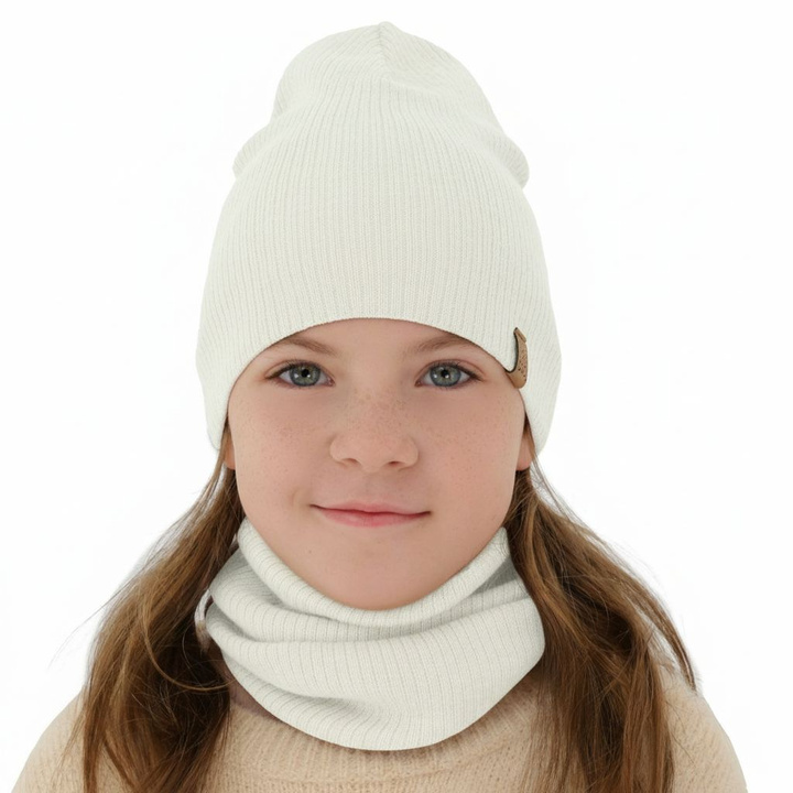 Ensemble automne/printemps fille: bonnet et snood, blanc, avec laine mérinos, Ricona
