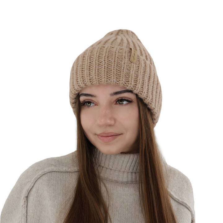 Bonnet d'hiver femme, beige, avec laine mérinos, Caro