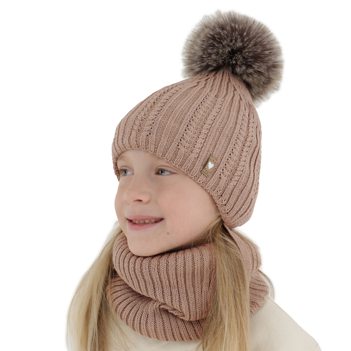 Ensemble d'hiver fille: bonnet et snood, beige, avec laine mérinos, avec pompon, avec liens, Muanda