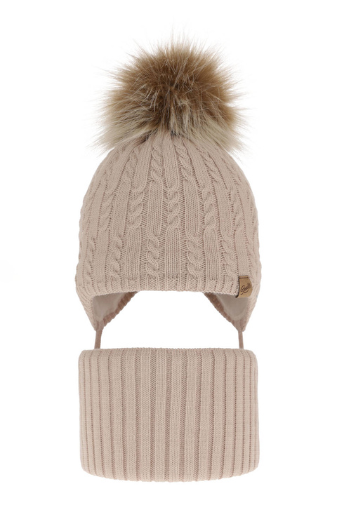 Ensemble d'hiver fille: bonnet et snood, beige, avec pompon, Loreley
