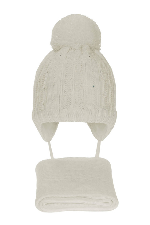 Meisjes winter set muts en sjaal, creme, met garen pompon, Candy