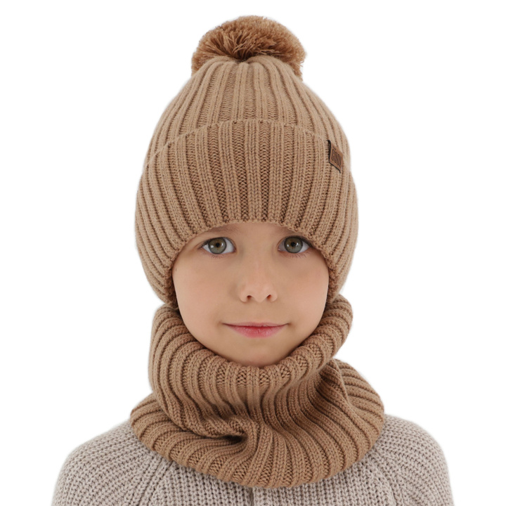 Jongens winter set: muts en buissjaal, 100% Merino Wol, gevoerd met katoen, camel, Tolmar