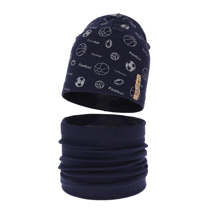 Ensemble automne/printemps garçon: bonnet et snood, bleu marine, en coton, Paolo