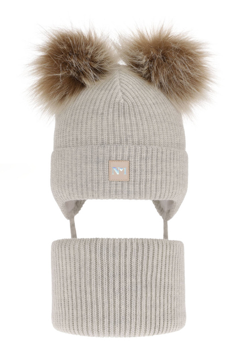 Ensemble d'hiver fille: bonnet et snood, gris, avec deux pompons, avec liens, Kiara