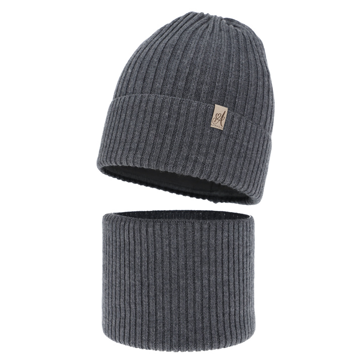 Ensemble d'hiver fille: bonnet et snood, gris foncé, avec laine mérinos, Patricia