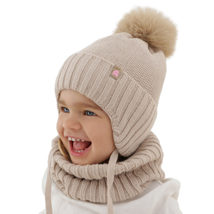 Ensemble d'hiver fille: bonnet et snood, beige, avec pompon, Kaya