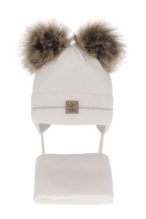 Ensemble d'hiver garçon: bonnet et écharpe, blanc, avec deux pompons, avec liens, Melon